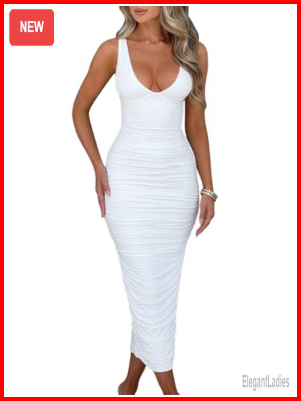 Ruched Sleeveless Deep V Maxi Cocktail Evening Party Dress